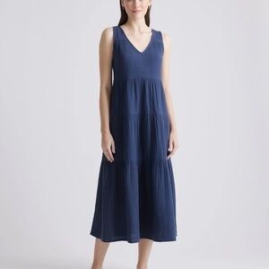 NWT!! Quince 100% Organic Cotton Gauze Tiered Deep Blue Midi Dress